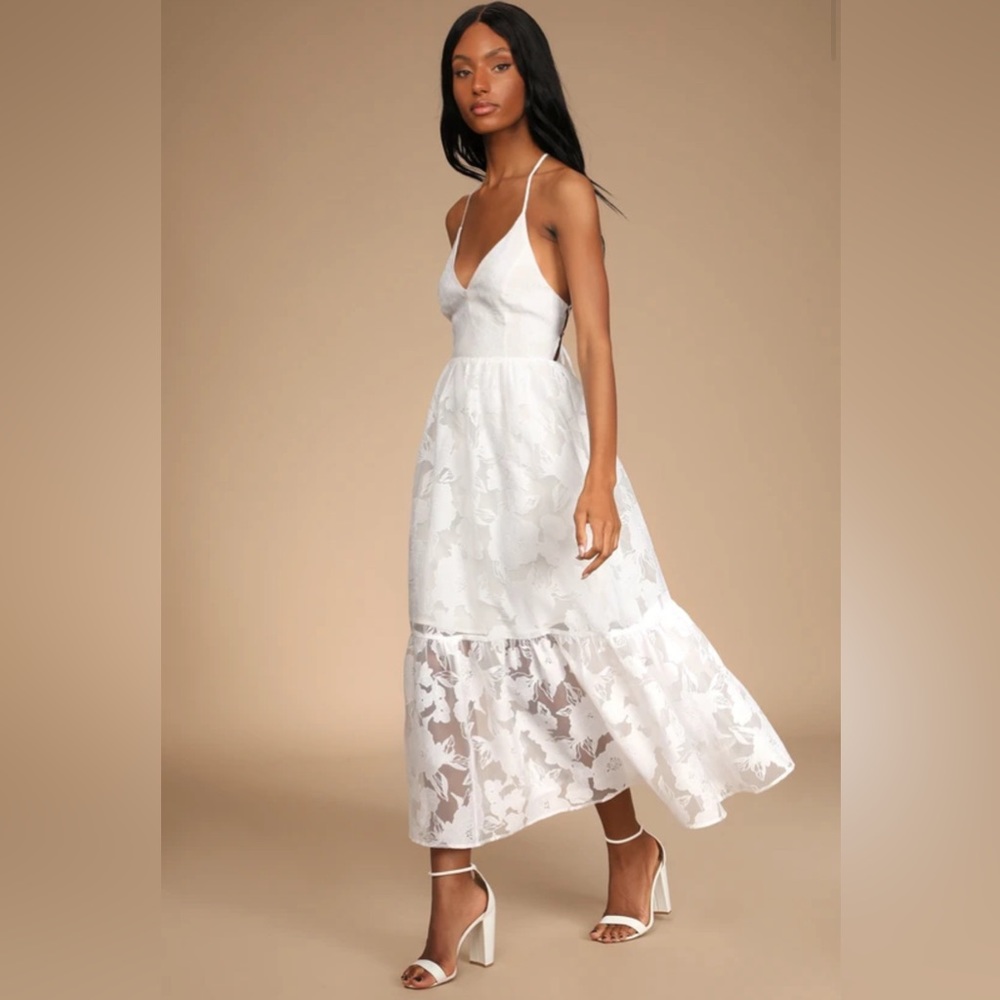 Lulus White Jacquard Organza Lace-Up Midi Dress